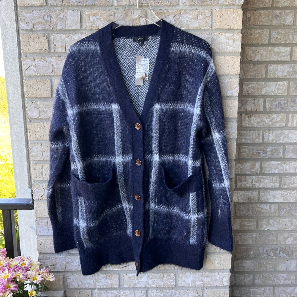 J. Crew Plaid front-pocket cardigan sweater